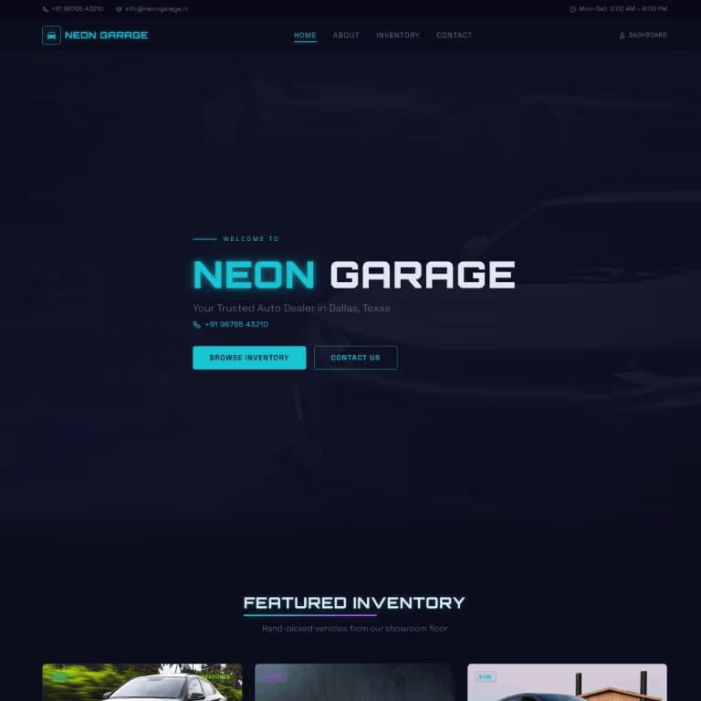 Neon Garage — Electric & Bold used car dealer website theme by SPARQsites