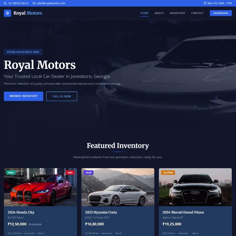 Royal Blue — Professional Trust used car dealer website theme by SPARQsites